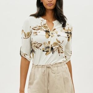 Cream Floral Henley-Style Blouse with Roll-Tab Sleeves